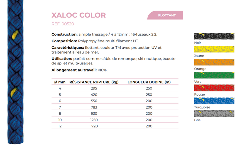 Chargez l'image dans la visionneuse de la galerie, Fiche technique decrivant le cordage flottant Xaloc Color pour club, école et base nautique. Parfait pour remorquer, ski nautique ou écoute de spi légère.
