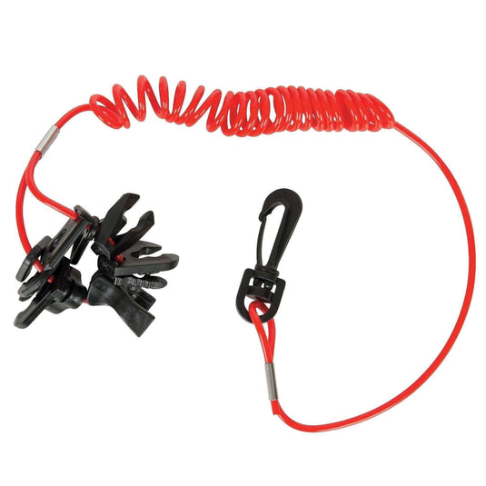 Coupe Circuit Universel avec cordon rouge torsadé, crochet et clips adaptateurs noirs pour moteurs hors-bord, assurant sécurité en cas de chute en mer.