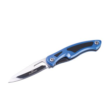 Couteau Pliant Safe avec lame inox lisse, manche en aluminium anodisé bleu, et étui en nylon, idéal pour usage nautique.