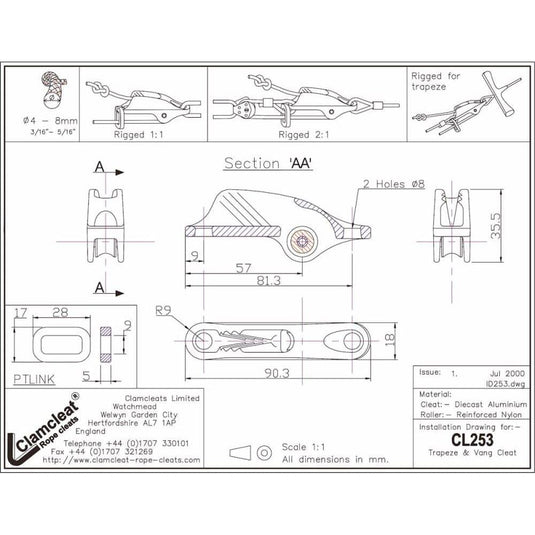 Dessin technique Taquet Coinceur ClamCleat CL253 pour Trapeze 