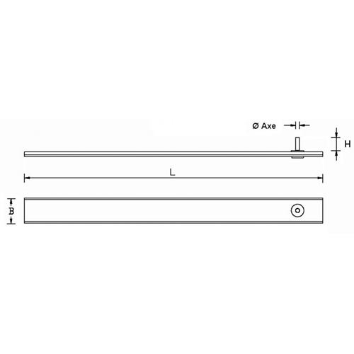 Goupille Velcro pour Ridoirs: dessin technique d'une barre rectangulaire avec axe cylindrique, dimensions L, H, B et Ø, pour maintenir et protéger vos ridoirs.