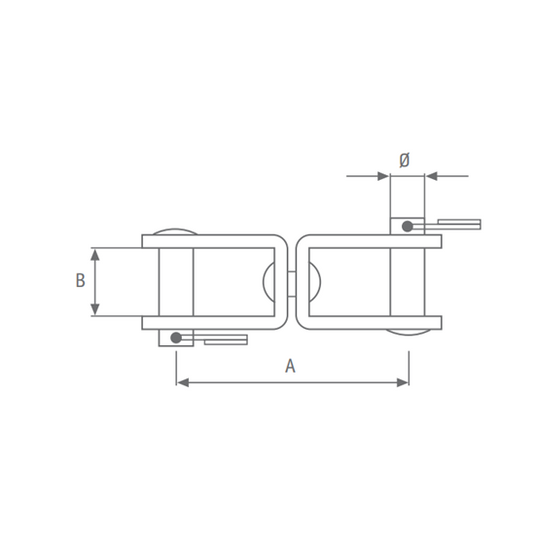 Émerillon Inox: croquis d'assemblage de chariot à rouleaux, vue latérale/haute, dimensions clés A, B, Ø indiquées, pour applications nautiques et industrielles.