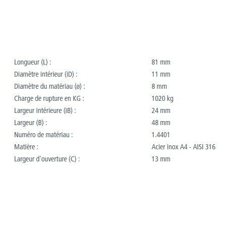 Tableau indiquant toutes les dimensions du schéma du mousqueton pompier a ressort asymétrique.
