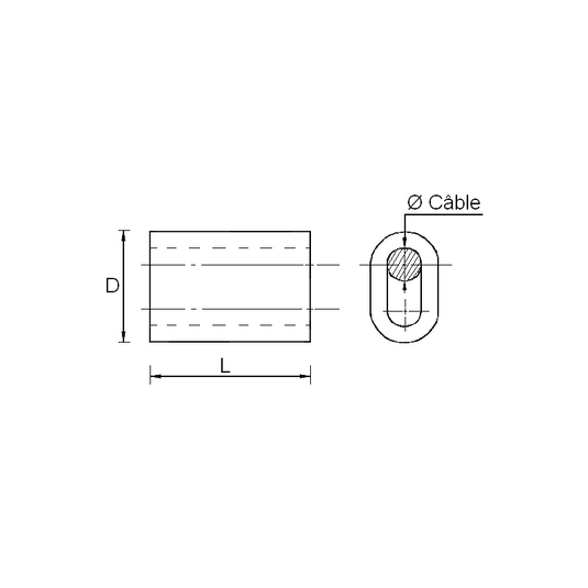 Manchon de Boucle cuivre avec vue technique montrant la longueur L et hauteur D d'un conduit oblong, abritant un câble rond de diamètre Ø câble.