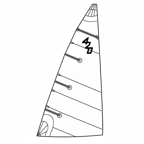 Grand Voile Dériveur 420 avec luff sleeve, battens visibles, et marquage 4.2. Tissu Dacron 210gr, renforts inclus. Parfait pour voile légère.