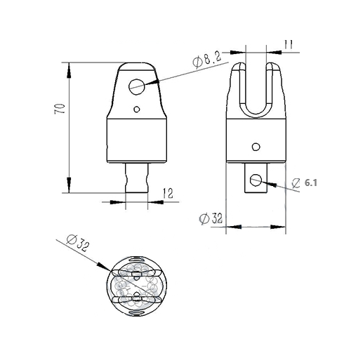 Emerillon Enrouleur Alu pour enrouleur de voile légère, idéal pour dériveurs et catamarans, en aluminium avec roulement à billes en céramique. Charge maximale: 1200kg.
