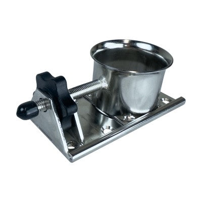 Laden Sie das Bild in Galerie -Viewer, Emplanture de Mat Optimist avec coupelle ovale et base réglable, fixée par un système de clamp à vis sur une surface plane, idéal pour dériveurs Optimist.
