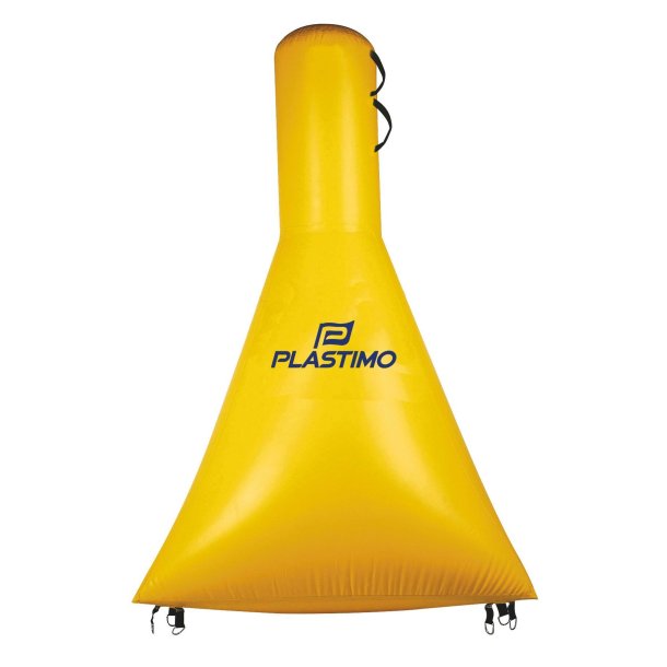 Bouée de Régate Jumbo triangle jaune avec sac gonflable et entonnoir, idéale pour régates, avec points de fixation et poches pour logos, conçue pour la voile légère.