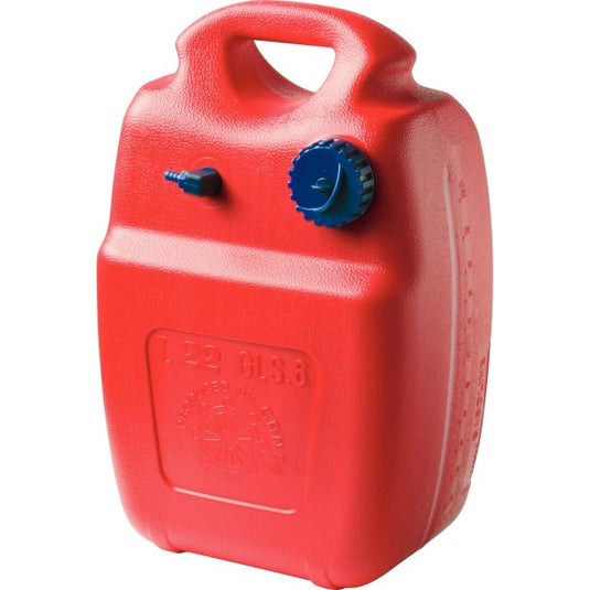 Nourrice Reservoir Essence: jerrycan en polyéthylène pour bateaux, avec poignée intégrée, bouchon bleu et bec verseur, offrant une réserve de sécurité de carburant.