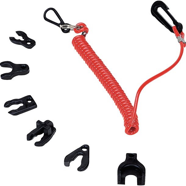 Coupe Circuit Universel avec cordon spirale et 7 mousquetons, compatible avec divers moteurs nautiques, essentiel pour la voile légère et le nautisme.