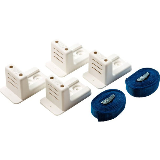 Jeu de fixations + sangle pour réservoir, comprenant 4 supports polyamide à visser et 2 sangles réglables de 2,50 m, résistantes à 400 kg.