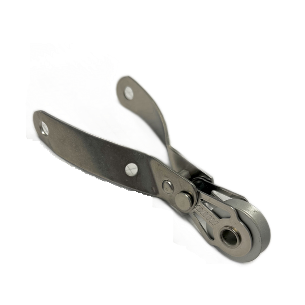 Chargez l'image dans la visionneuse de la galerie, Ferrure de Capelage à Chape, petit moufle pliable en acier inoxydable avec réa en aluminium de 25mm, idéal pour drisse de spi ou draille étai jusqu'à 5mm.
