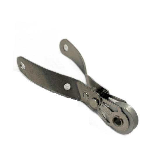Ferrure de Capelage à Chape, petit moufle pliable en acier inoxydable avec réa en aluminium de 25mm, idéal pour drisse de spi ou draille étai jusqu'à 5mm.