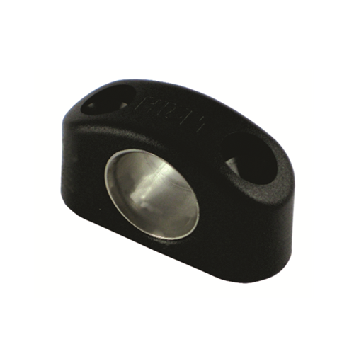Filoir Plastique bagué: support de montage à deux vis en plastique noir avec bague en métal, idéal pour guider câbles ou cordages sans usure.