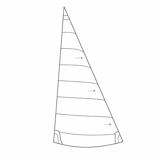 Foc Dériveur Laser Vago en Dacron, coupe cross-cut, avec coutures horizontales, renforts aux angles et indicateurs verts, idéal pour voile légère.