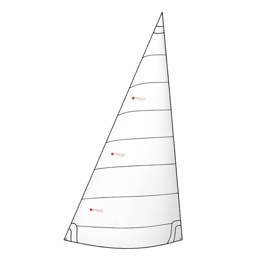 Foc Dériveur en Dacron, dessin d'une voile triangulaire avec coutures horizontales et penons rouges. Coins renforcés pour dériveur léger, options personnalisables disponibles.