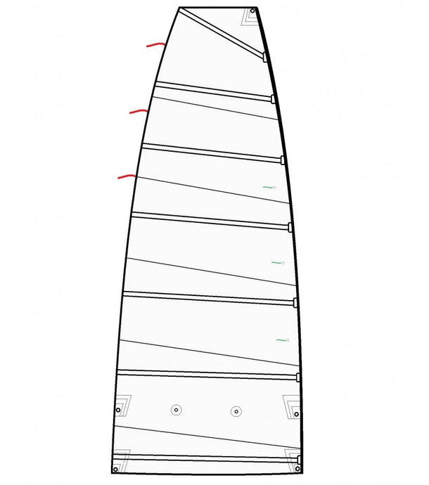 Grand Voile Catamaran RS 14 en Dacron 250gr avec coupe cross cut, incluant bande de ris. Destinée aux amateurs de voile légère et catamarans de sport.