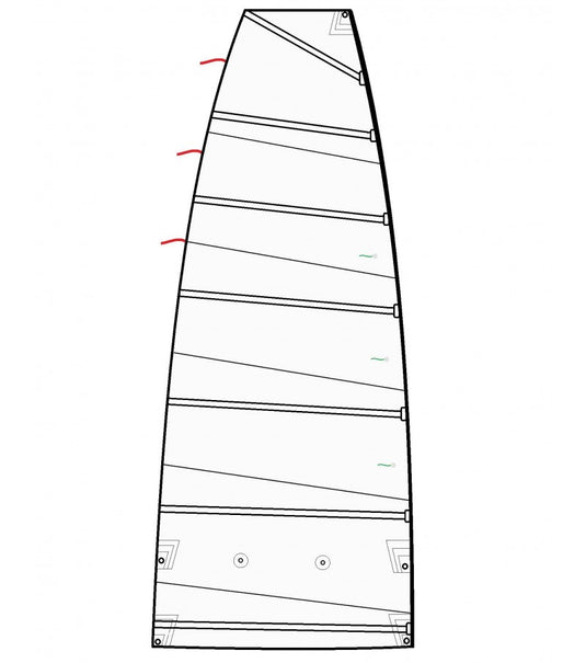 Grand Voile Catamaran RS 14 en Dacron 250gr avec coupe cross cut, incluant bande de ris. Destinée aux amateurs de voile légère et catamarans de sport.