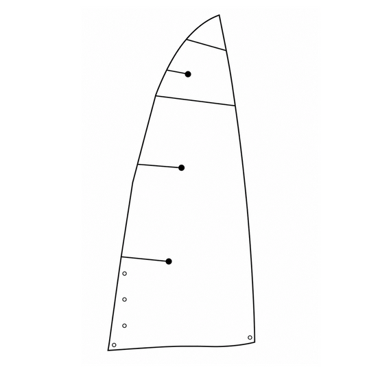 Grand Voile Dériveur Topper Topaz Argo avec dessin technique montrant lattes, coutures, renforts et penons, idéal pour voile légère. Tissu Dacron 210gr, coupe cross cut.