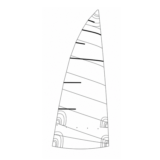 GV de Dériveur Topper Topaz Argo avec dessin technique montrant lattes, coutures, renforts et penons, idéal pour voile légère. Tissu Dacron 210gr, coupe cross cut, galonnage noir