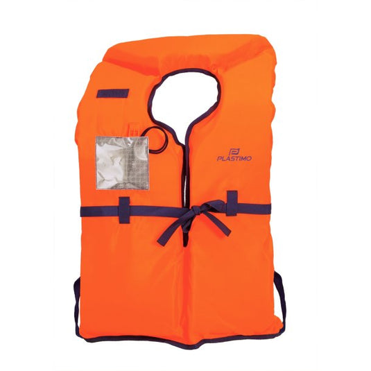 Gilet de sauvetage CE 100N avec bandes rétro-réfléchissantes, sifflet et patte d'accrochage pour lampe flash, conçu pour utilisateurs de plus de 70kg.