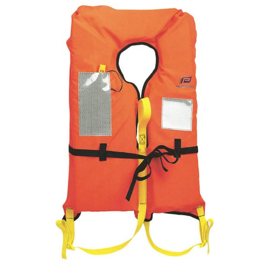 Gilet de sauvetage CE 150N pour +70kg, équipé de bandes réfléchissantes, sifflet, poignée, sous-cutale ajustable, conforme aux normes françaises pour la navigation.
