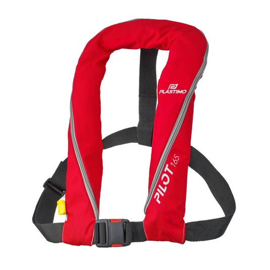 Gilet Gonflable Pilot 165 Manuel Plastimo, rouge, avec sangles ajustables et boucle frontale, conçu pour la navigation côtière et usage professionnel nautique.