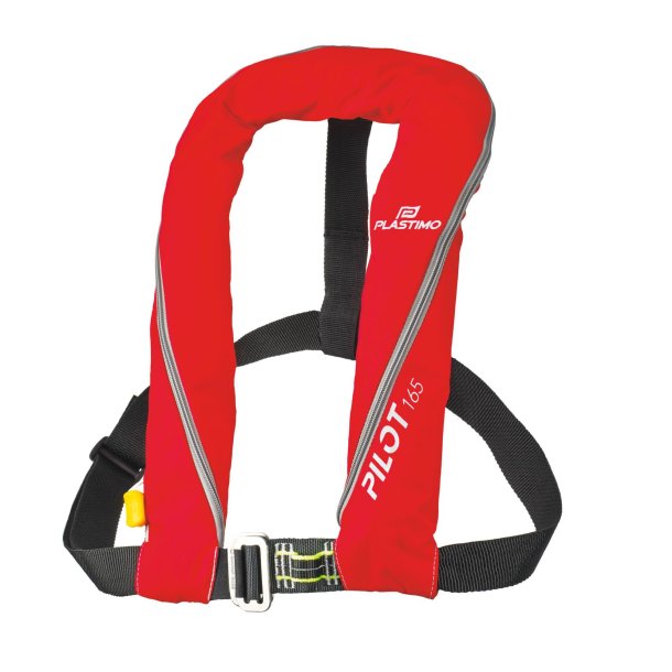 Gilet gonflable Pilot 165 avec harnais manuel rouge, design ergonomique, souple, près du corps, avec système de déclenchement sécurisé et double zip pour entretien facile.