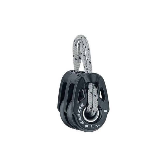 Poulie Double FLY Harken ø18mm, conçue pour voiliers sportifs, offrant haute résistance avec cordage max ø5mm et charge travail 204kg dans un format compact.
