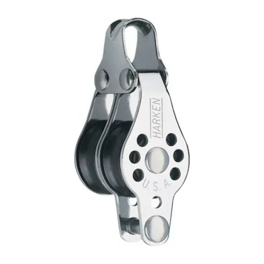 Poulie Double Micro-Block ø22mm avec Ringot, idéale pour réglages légers sur bateaux, adaptée aux cordages de max 6mm, charge travail 159kg, rupture 544kg.