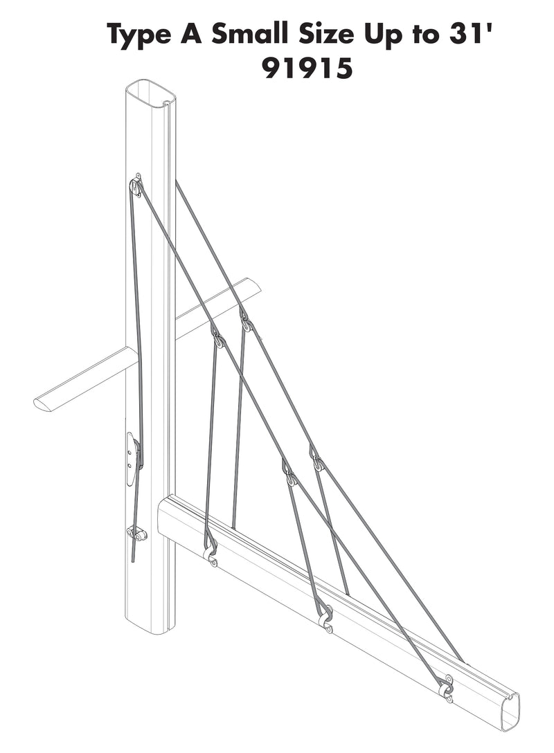 Load image into Gallery viewer, Kit Lazy Jack : illustration technique d'un système de support mât-bôme avec câbles et quincaillerie, idéal pour petits voiliers ou mâts jusqu'à 31 pieds.
