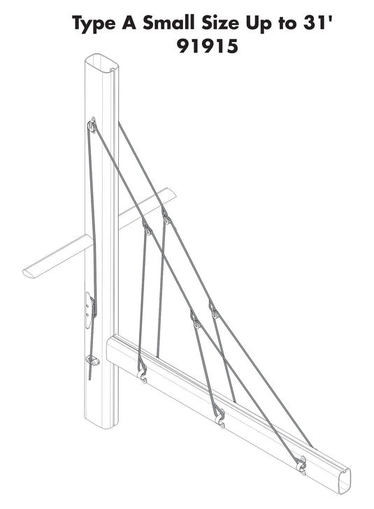 Kit Lazy Jack : illustration technique d'un système de support mât-bôme avec câbles et quincaillerie, idéal pour petits voiliers ou mâts jusqu'à 31 pieds.