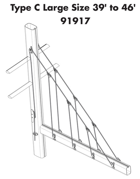 Kit Lazy Jack : dessin technique d'une structure de mât haubané de 39' à 46', avec câbles inox, poulies et bras horizontaux pour support nautique.