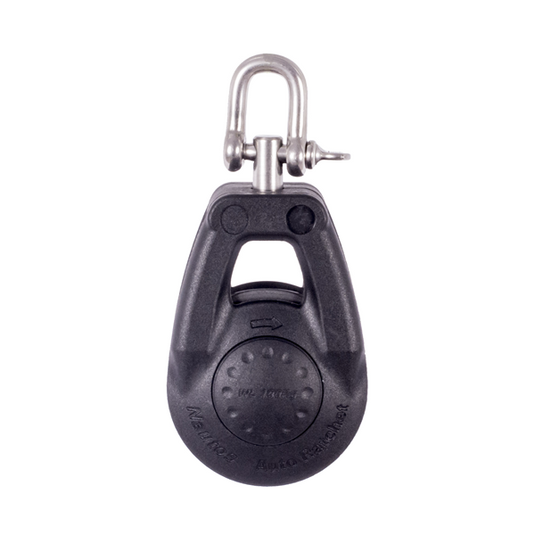 Poulie Winch Auto Ratchet avec manille émerillon, idéale pour contrôle de ligne sur dériveur. Composée de joues en carbone, réa aluminium, tête pivotante.