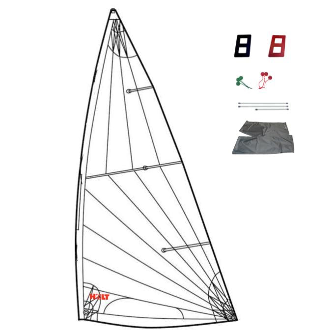 Voile Dériveur Laser® Standard Mk2 Performance avec dessin technique, numéros de voile, accessoires de gréement, lattes et sac de rangement inclus pour régates de loisirs.