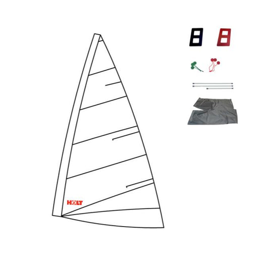 Voile Déviveur Laser® 4.7 Performance avec voile principale, kit de numéros, lattes, accessoires de montage, et sac de rangement pour dériveur léger.