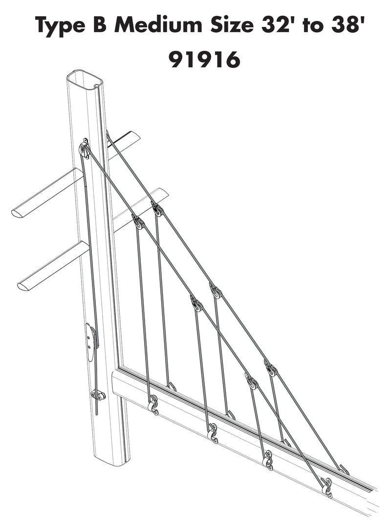 Load image into Gallery viewer, Schéma d'installation du Lazy Jack Kit, montrant les câbles, poulies et tendeurs pour le gréement d'un mât de 32 à 38 pieds.
