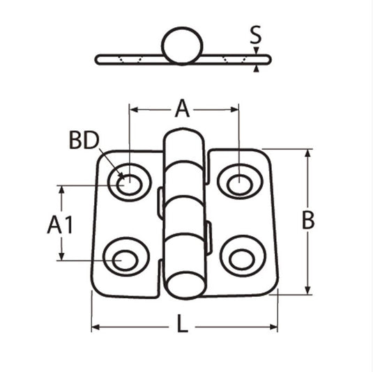 Dessin d'une charnière inox A4 38 x 38mm, qualité marine, idéale pour équipement nautique.