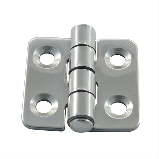 Charnière Inox A4 38 x 38mm, en métal argenté, avec trous, idéale pour l'accastillage nautique léger, conçue en inox AISI 316 de qualité marine.