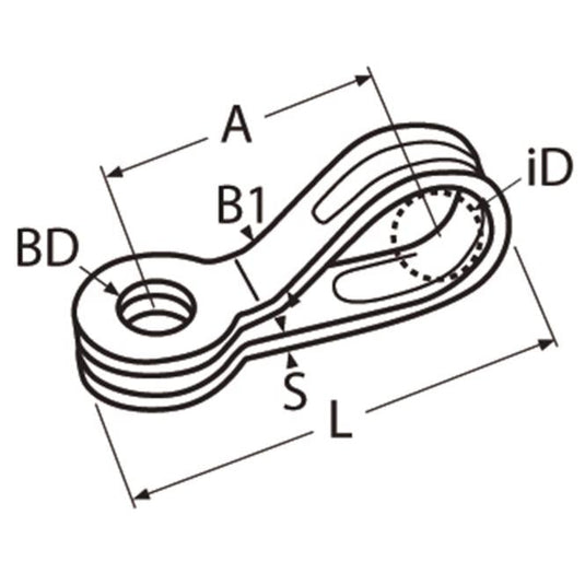 Pontet Replié pour Cordage ø5mm en inox A4, illustration de design marin avec trous pour fixation, idéal pour voile légère et sports nautiques.