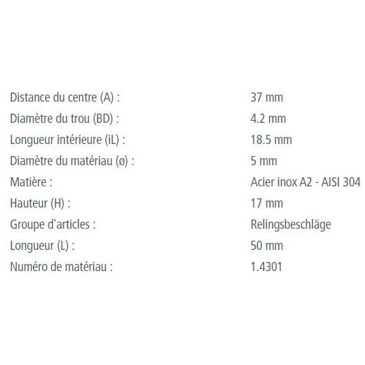 Pontet plein inox A2, gros plan montrant les dimensions et caractéristiques techniques sur un écran de téléphone, idéal pour la voile légère et dériveurs.