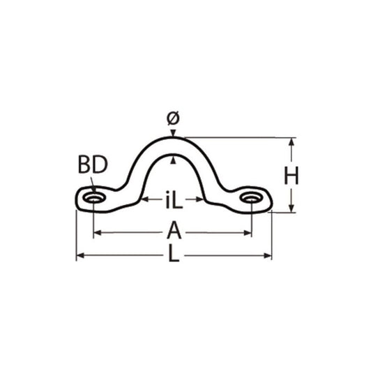 Dessin d'un pontet plein inox A2, illustrant des dimensions et symboles, idéal pour accastillage voile légère. Fabrication Européenne, qualité optimale pour dériveurs et catamarans.