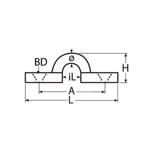 Pontet Fil Renforcé en inox A4, illustré dans un dessin technique avec mesures, idéal pour accastillage de voile légère. Fabrication européenne, qualité marine.