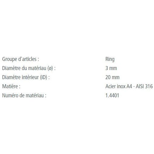 Anneau Rond Inox A4 - AISI 316, qualité marine, robuste, fabrication européenne, idéal pour accastillage voile légère, charge rupture jusqu'à 990kg, disponible en plusieurs tailles.