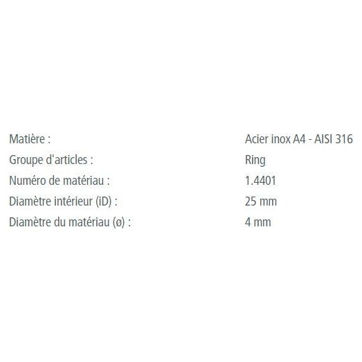 Anneau Rond Inox A4 de qualité marine, tailles variées, charge de rupture jusqu'à 990kg, idéal pour accastillage voile légère dans nautisme professionnel.