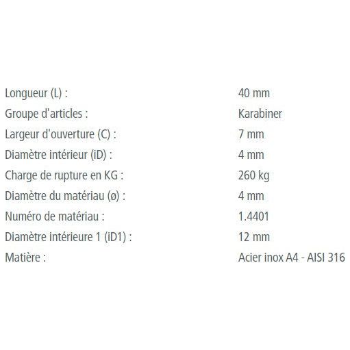Gros plan sur des mesures détaillant un mousqueton à œil en inox A4, essentiel pour la voile légère, avec charge de rupture variant jusqu'à 870kg.