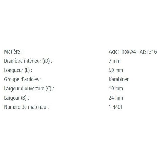 Mousqueton rapide en inox A4 - AISI 316, idéal pour voile légère, avec plusieurs dimensions disponibles pour une utilisation marine sécurisée et polyvalente.
