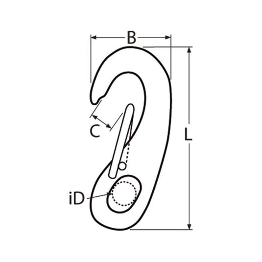 Dessin technique d'un mousqueton rapide en inox A4, idéal pour la voile légère, illustrant les dimensions et caractéristiques pour applications marines.