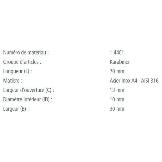 Mousqueton rapide en inox A4 - AISI 316, qualité marine, idéal pour voile légère. Options de dimensions: 50mm, 70mm, 100mm. Fabrication Européenne.