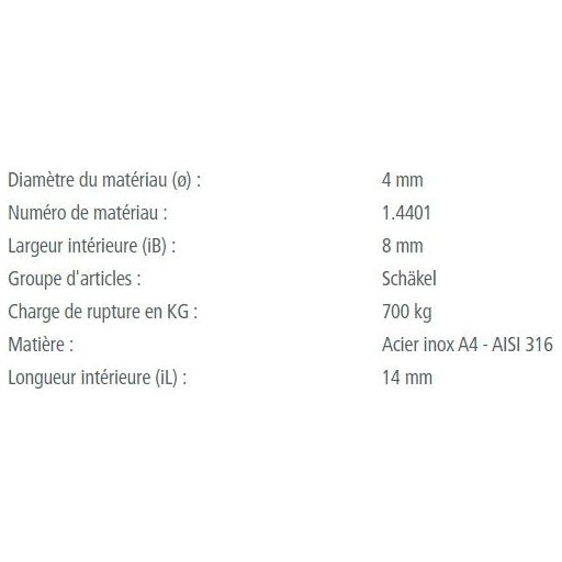 Manille Droite Standard en inox A4 - AISI 316, qualité marine, fabrication européenne, pour voile légère, disponible en plusieurs tailles et résistances, jusqu'à 3000kg.